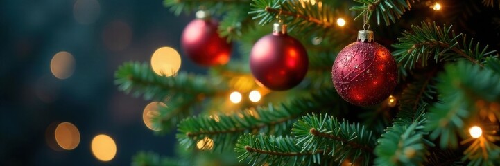 Evergreen tree with sparkling ornaments amidst blurred shimmering lights, winter wonderland,