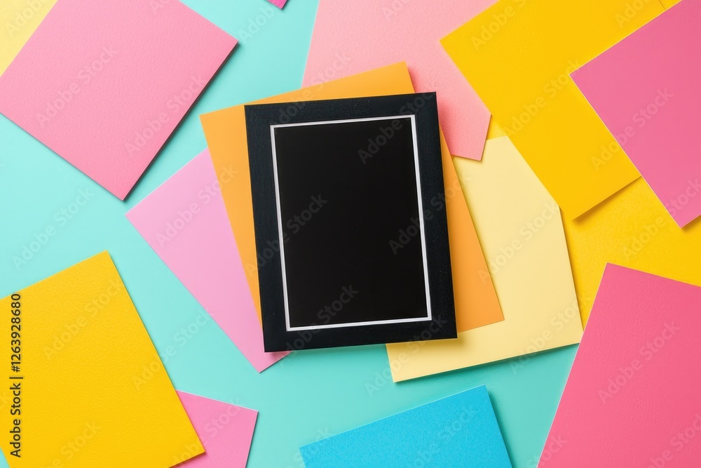 Poster colorful background of various paper sheets with a black frame for text or artwork display on a brig
