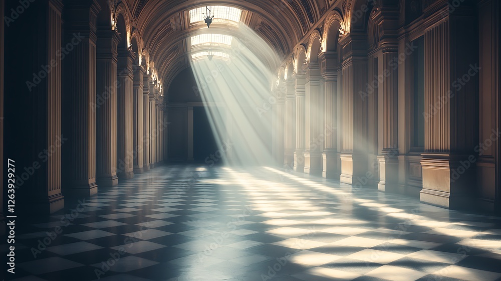 Poster illuminated grand hall with checkered floor and classical architecture