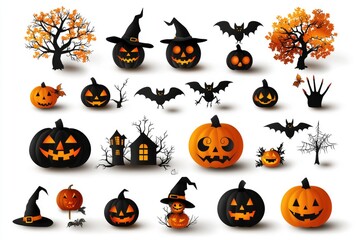 Spooky Halloween Icons Collection with Pumpkins, Bats, Trees, and Ghostly Elements for Festive Celebrations and Creative Projects