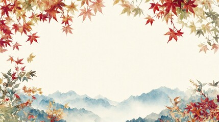 Serene autumn landscape watercolor painting soft light misty mountains framed vibrant red maple leaves. AI Generated