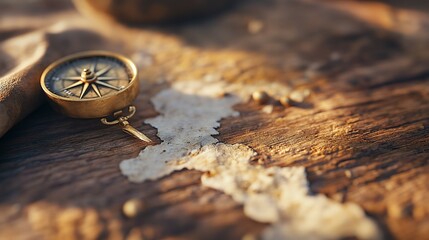 Antique compass on aged map, wood background. Adventure concept