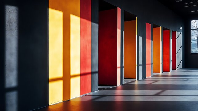 Vibrant chromatic columns cast geometrical shadows in a modern interior