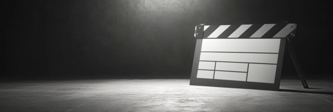 Movie clapperboard on stage set in dim lighting ready for filming in a professional studio environment. Generative AI