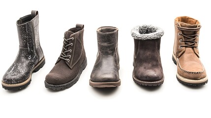 Four Brown Leather Boots on White Background