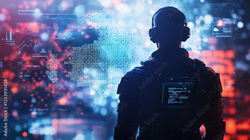 Poster a closeup of a gaming character stands alert with a holographic display behind them showcasing realt