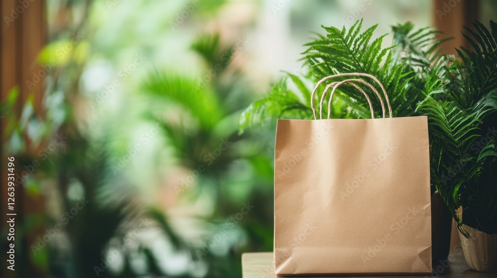 Poster eco friendly paper bag on a table with lush green plants in a natural setting suitable for promotion