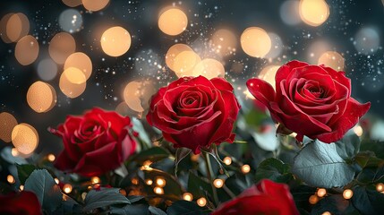 Vibrant red roses surrounded by soft bokeh lights, creating a romantic atmosphere for celebrations
