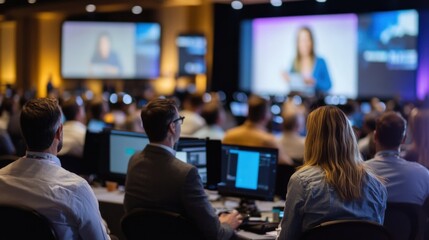 Audience attentively watching a speaker at a filmmaking conference, focusing on digital screens and presentations. The atmosphere is professional and collaborative, emphasizing industry engagement