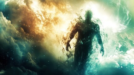 Fiery man emerges from celestial cloudscape