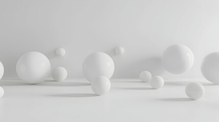 Abstract composition of varying sizes of white spheres on a minimalist white background