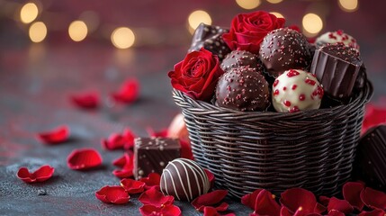 A beautifully arranged basket of assorted chocolates and red roses on a romantic background