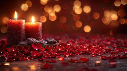 Romantic setting with candles and chocolate surrounded by rose petals, creating a warm ambiance
