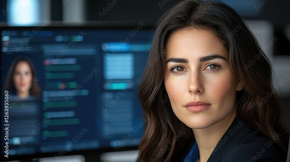 Poster confident and composed european business woman in formal attire sitting upright in front of a comput