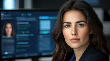 Fototapeta premium Confident and composed European business woman in formal attire sitting upright in front of a computer monitor deeply engaged in data analysis or software development