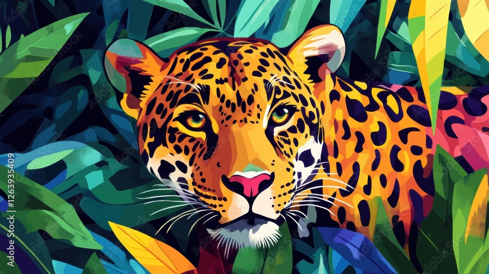 Aufkleber Colorful jungle leopard blending into lush greenery during daytime. Generative AI