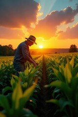Fototapeta premium Farmer tending to crops in a field at sunrise, sunrise, farming, agriculture