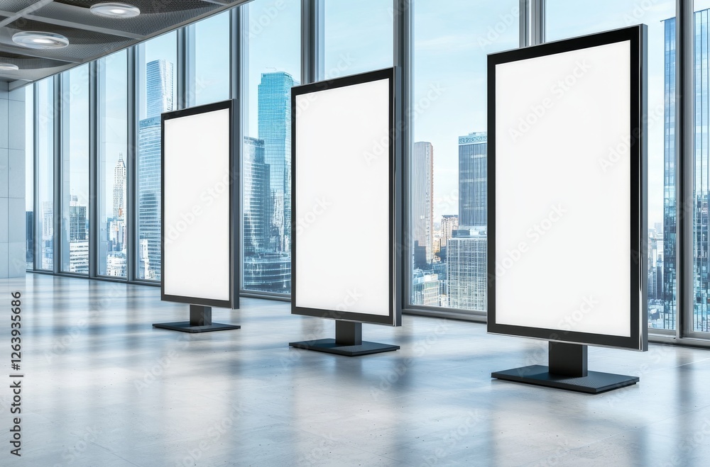 Poster three empty vertical digital billboards in modern office space with cityscape windows in background