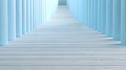 Fototapeta premium Blue column path, wooden floor, light perspective, peaceful background, design concept