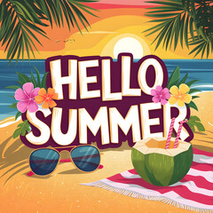 Hello summer holiday background with palm trees vacation time relaxing vibe sunset colors blue pink orange sky