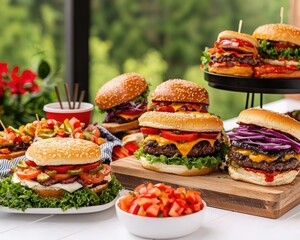A vibrant display of gourmet burgers topped with fresh vegetables, served with sides, perfect for a summer feast or barbecue gathering.