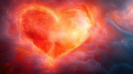 Fiery heart shape glowing amidst vibrant cosmic clouds, symbolizing love and passion in space