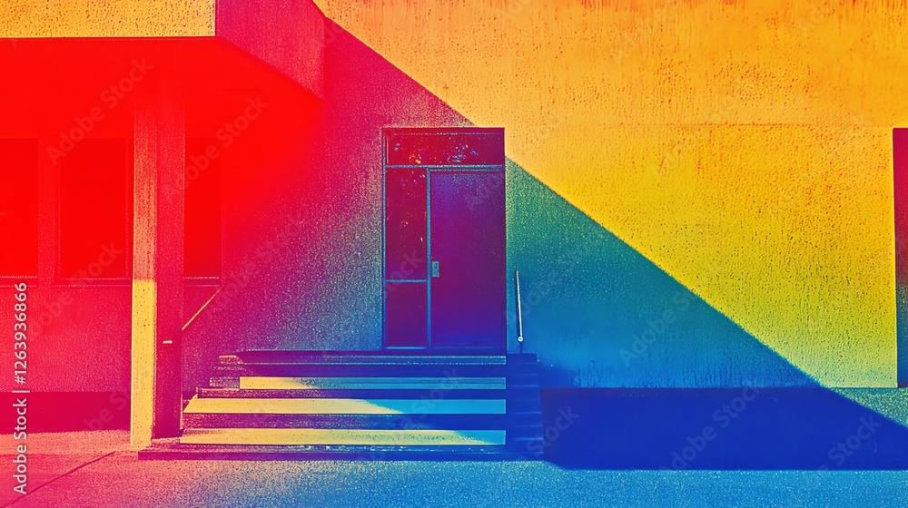 Poster vibrant retro style photography of building entrance with colorful shadows and unique background pat