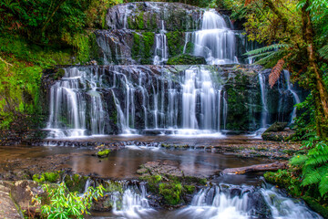 Obraz premium Hiking through the forest and several waterfalls in the Catlins lush native bush
