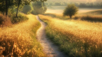 Obraz premium Serene Path Through Golden Fields with Soft Morning Light