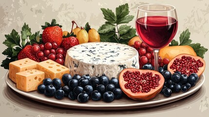 A vibrant cheese platter featuring assorted cheeses, fruits, and red wine on a textured background