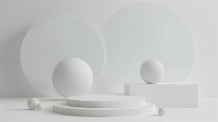 Minimalistic white geometric composition featuring spheres and circular forms on a clean backdrop