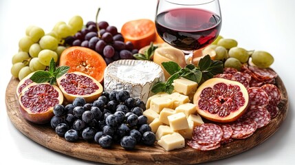 A vibrant cheese and charcuterie board featuring fruits, nuts, and a glass of red wine