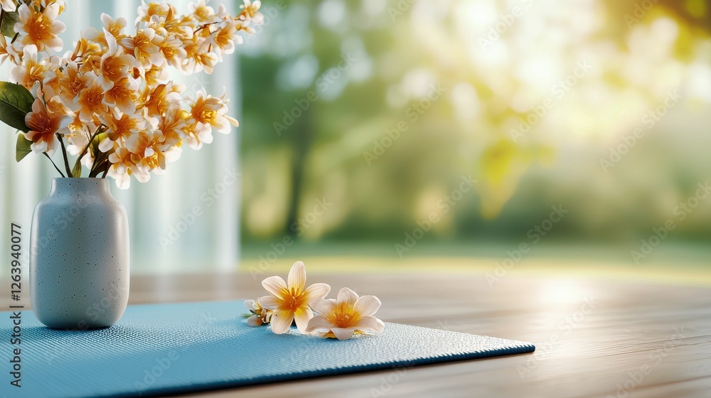 Poster delicate floral display in a vase resting on a table next to a window creating a serene and tranquil