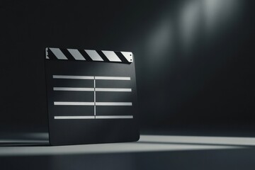 Film clapperboard on a dark studio floor with dramatic lighting illuminating its surface. Generative AI