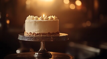 Elegant celebration cake illuminated by candlelight against a blurred background