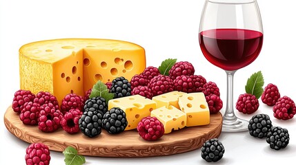 A vibrant display of cheese, berries, and a glass of red wine on a wooden platter, evoking a festive atmosphere