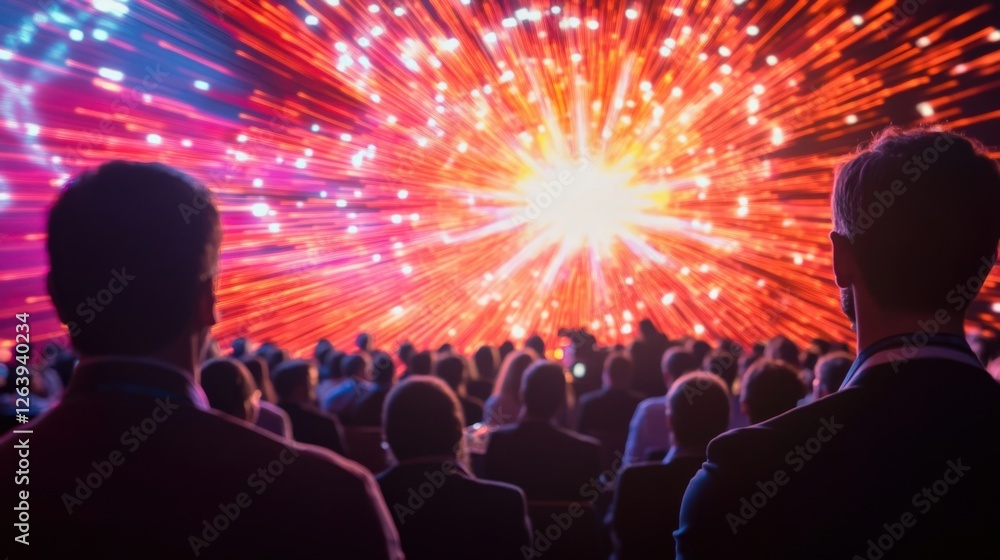 Poster a dynamic scene capturing the moment a keynote speaker reveals groundbreaking technology with bright