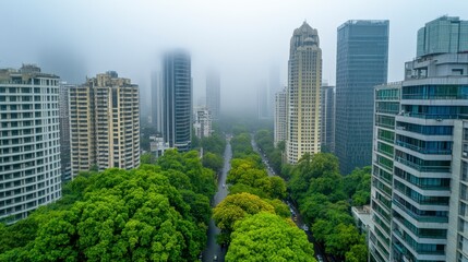 Fototapeta premium Misty Cityscape with High-rise Buildings and Lush Greenery