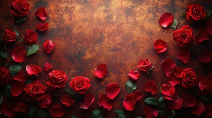 A romantic arrangement of vibrant red roses and petals on a textured brown background