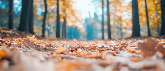 Autumn leaves path in forest; blurred background