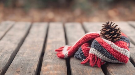 Autumn scarf and pine cone on wooden deck