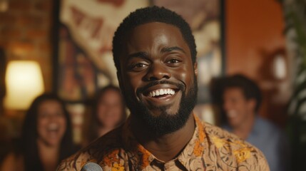 Close up of a young, talented, black stand up comedian performing on stage, holding a microphone and telling jokes to a captivated audience in a comedy club, generating laughter and entertainment