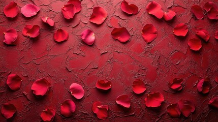 Vibrant red background adorned with scattered rose petals, creating a romantic ambiance for celebrations