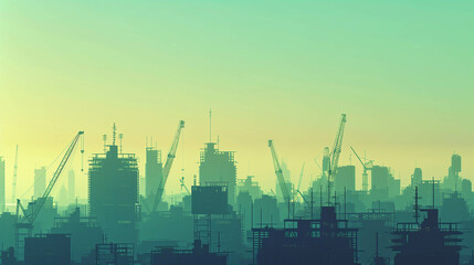 Fototapeta premium Silhouette of a city skyline under construction with cranes and buildings at sunrise