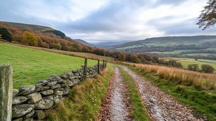 Autumnal valley path, rural landscape, scenic walk, fall foliage