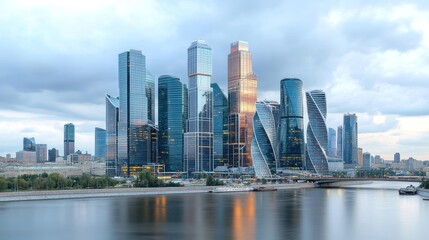 Obraz premium Cityscape, river, skyscrapers, twilight, Moscow, Russia, modern architecture, business, urban, panorama