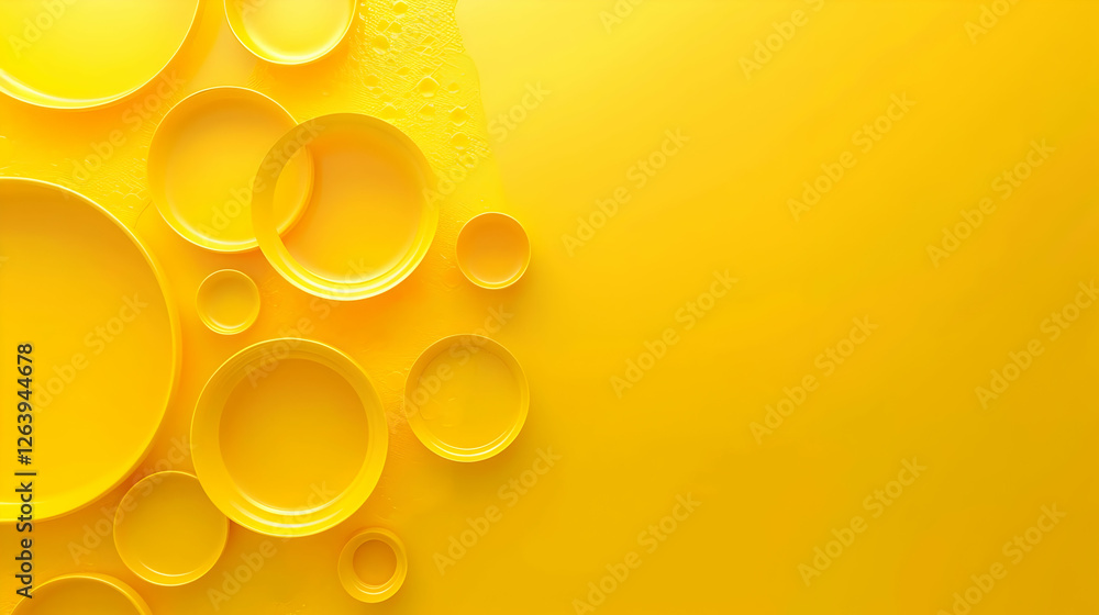 Poster vibrant yellow background featuring various circular shapes of different sizes, creating a playful a