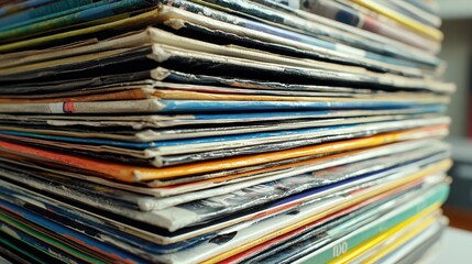 A vibrant stack of vintage vinyl records showcasing colorful covers in a cozy living room setting