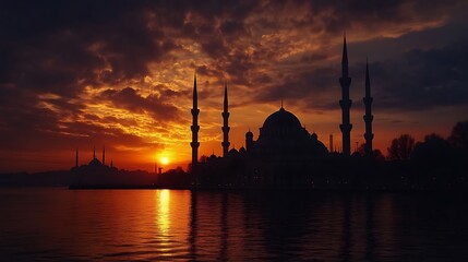 Fototapeta premium A stunning sunset silhouette of a mosque with multiple minarets by the water.