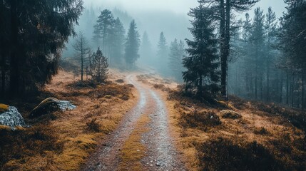 Fototapeta premium Misty Forest Path: A Serene Autumn Walk